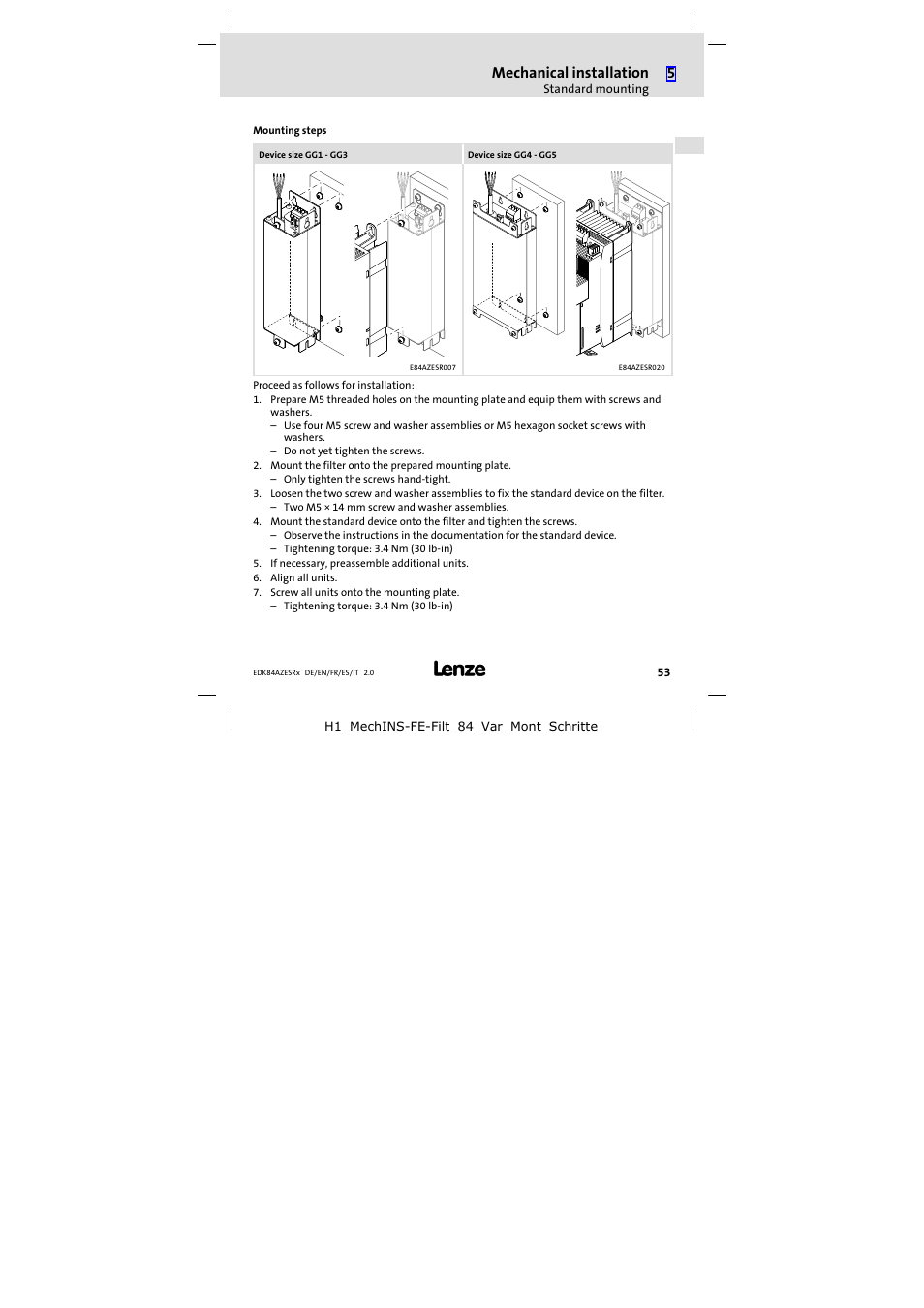 Mounting steps, Mechanical installation | Lenze E84AZESR RFI filter 3-29A User Manual | Page 53 / 154