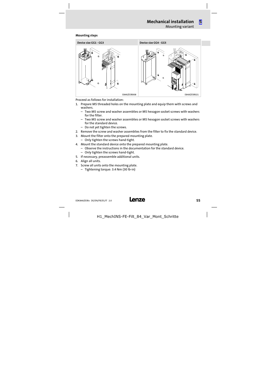 Mounting steps, Mechanical installation | Lenze E84AZESR RFI filter 3-29A User Manual | Page 55 / 154