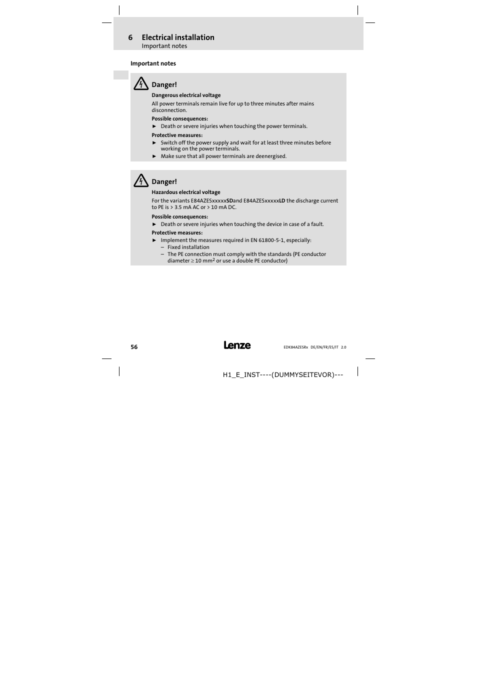 6 electrical installation, Important notes, Electrical installation | 6electrical installation | Lenze E84AZESR RFI filter 3-29A User Manual | Page 56 / 154