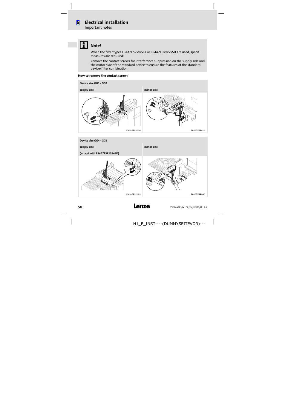 6electrical installation | Lenze E84AZESR RFI filter 3-29A User Manual | Page 58 / 154