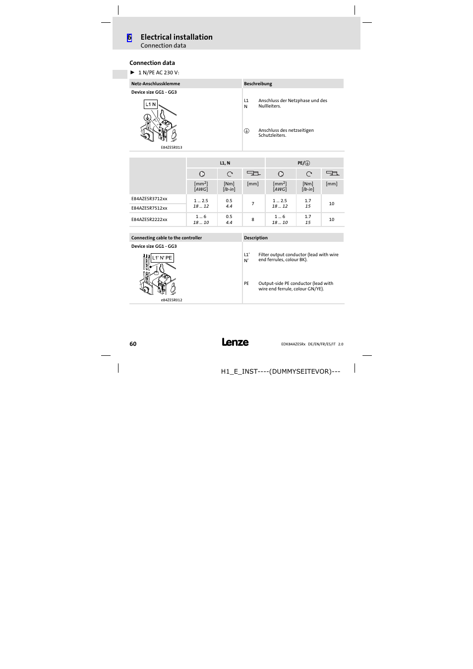 Connection data, 6electrical installation | Lenze E84AZESR RFI filter 3-29A User Manual | Page 60 / 154