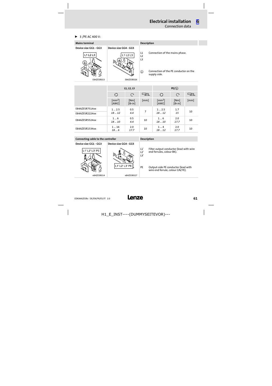 Electrical installation | Lenze E84AZESR RFI filter 3-29A User Manual | Page 61 / 154