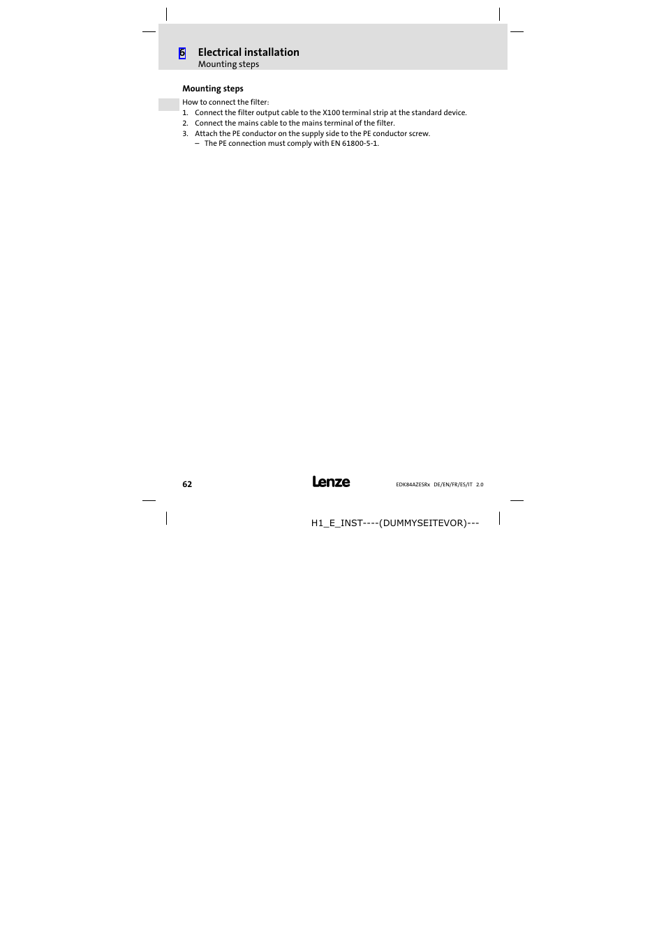 Mounting steps, 6electrical installation | Lenze E84AZESR RFI filter 3-29A User Manual | Page 62 / 154