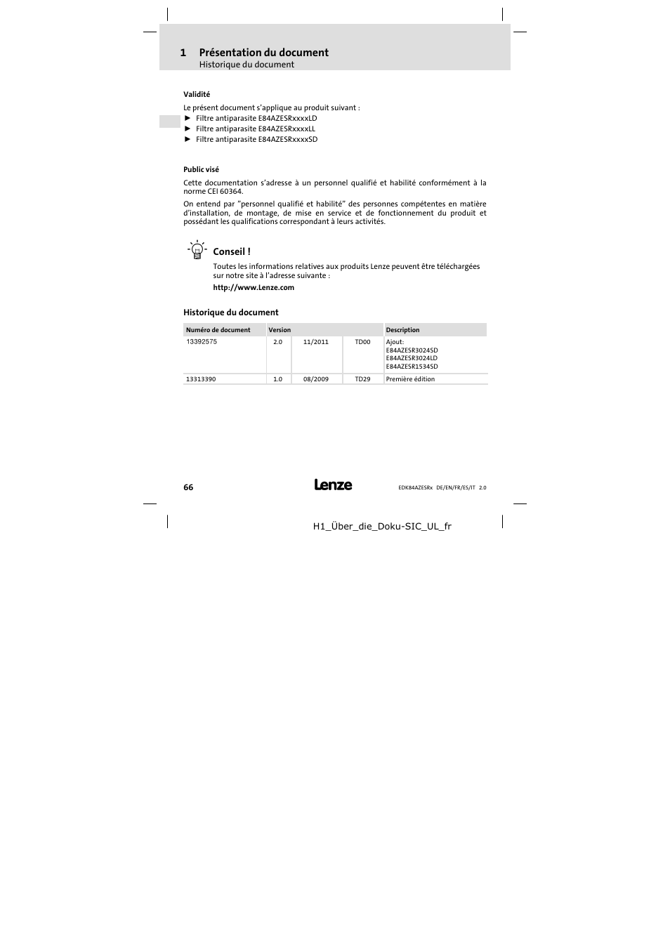 1 présentation du document, Historique du document, Présentation du document | 1présentation du document | Lenze E84AZESR RFI filter 3-29A User Manual | Page 66 / 154