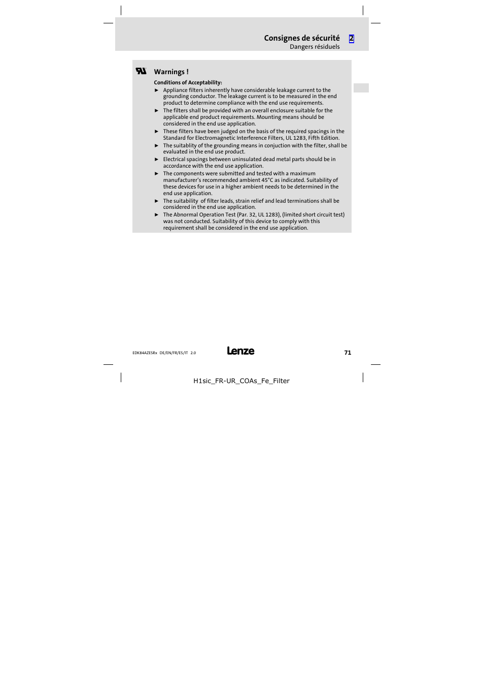 Consignes de sécurité | Lenze E84AZESR RFI filter 3-29A User Manual | Page 71 / 154