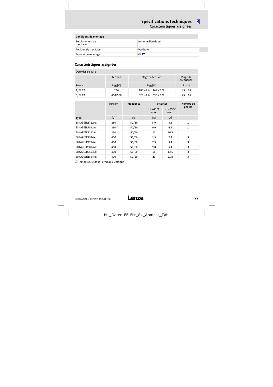 Caractéristiques assignées, Spécifications techniques | Lenze E84AZESR RFI filter 3-29A User Manual | Page 77 / 154