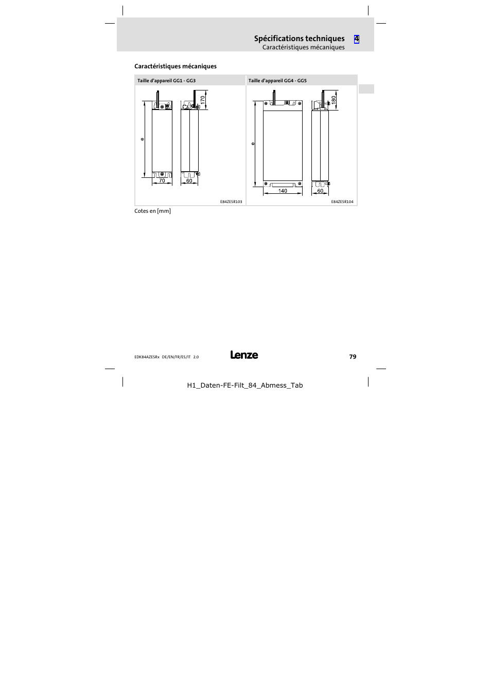 Caractéristiques mécaniques, Spécifications techniques | Lenze E84AZESR RFI filter 3-29A User Manual | Page 79 / 154