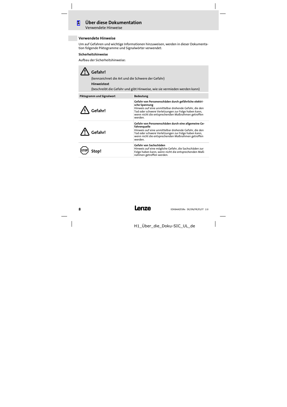 Verwendete hinweise | Lenze E84AZESR RFI filter 3-29A User Manual | Page 8 / 154