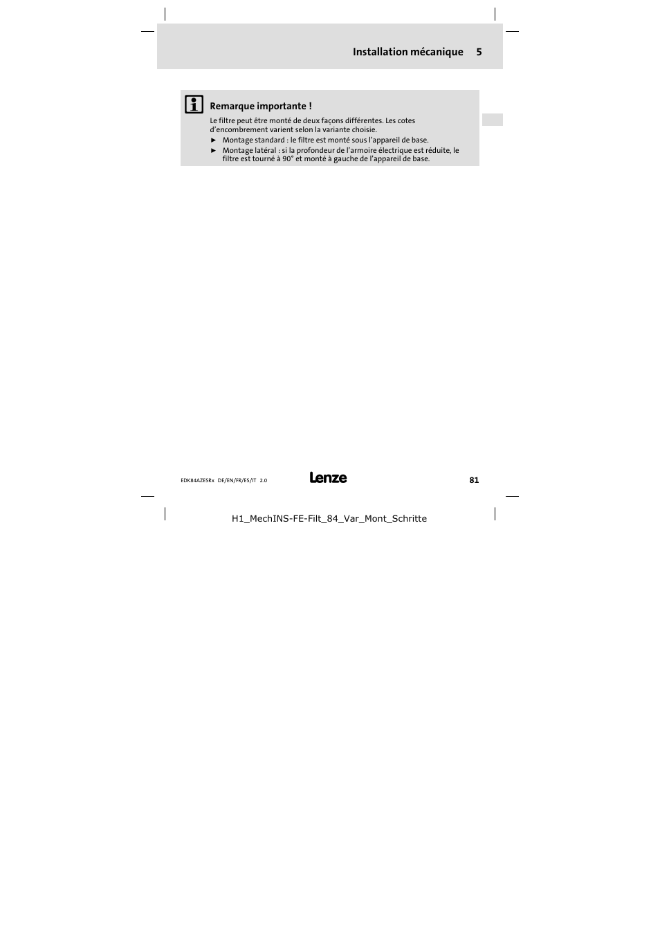 5 installation mécanique, Installation mécanique, Installation mécanique 5 | Lenze E84AZESR RFI filter 3-29A User Manual | Page 81 / 154