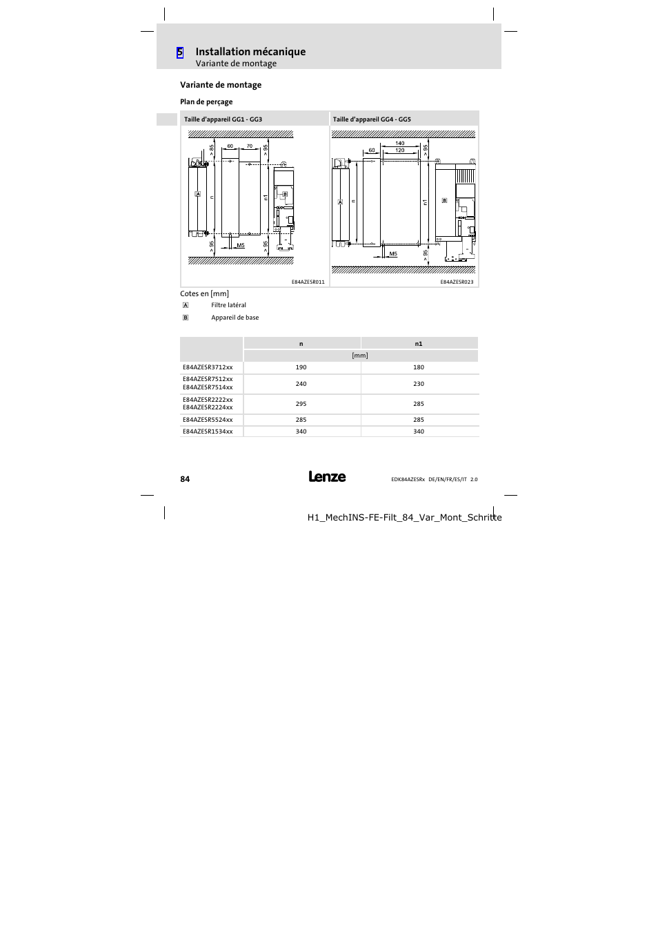 Variante de montage, Plan de perçage, 5installation mécanique | Lenze E84AZESR RFI filter 3-29A User Manual | Page 84 / 154