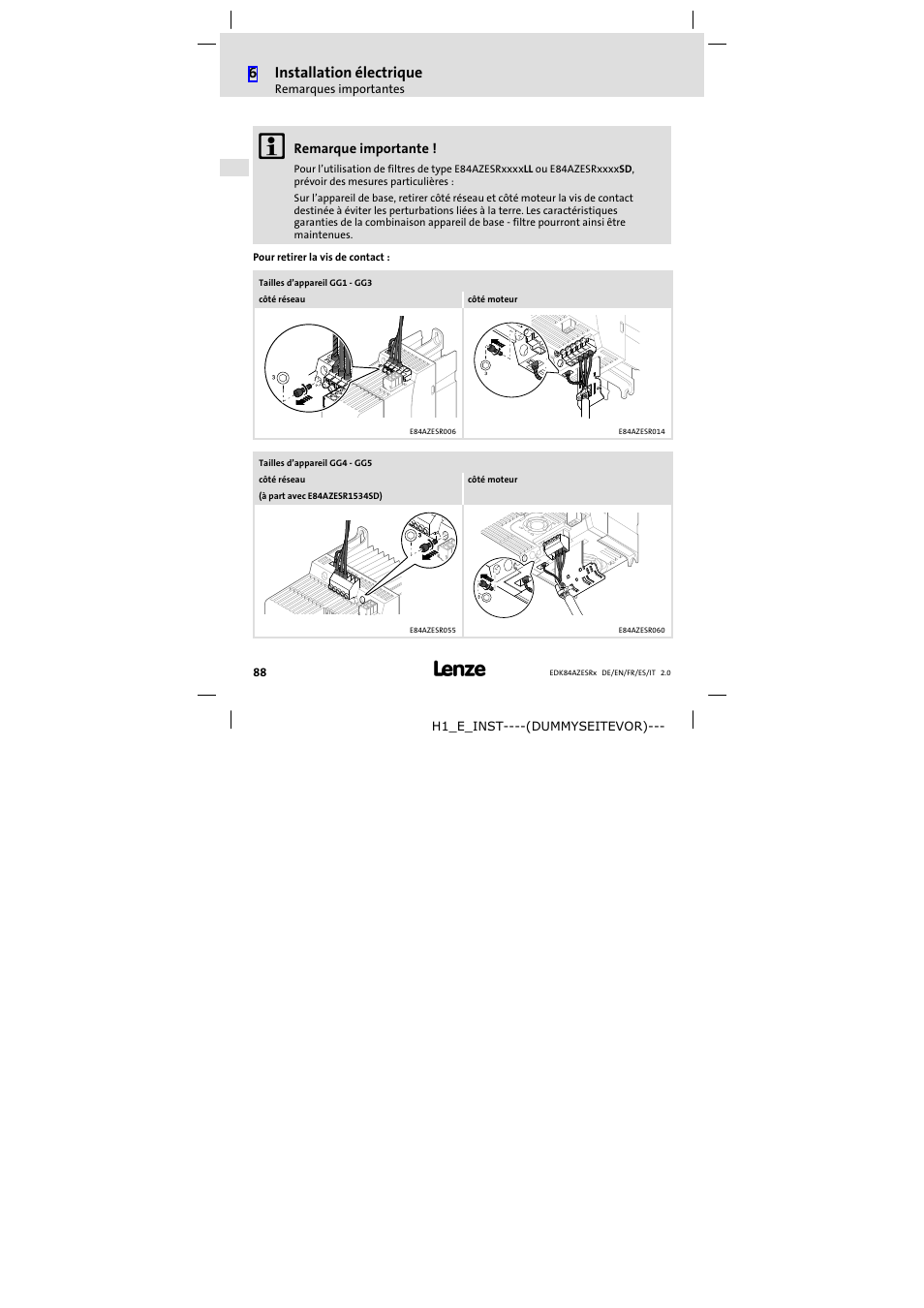 6installation électrique | Lenze E84AZESR RFI filter 3-29A User Manual | Page 88 / 154