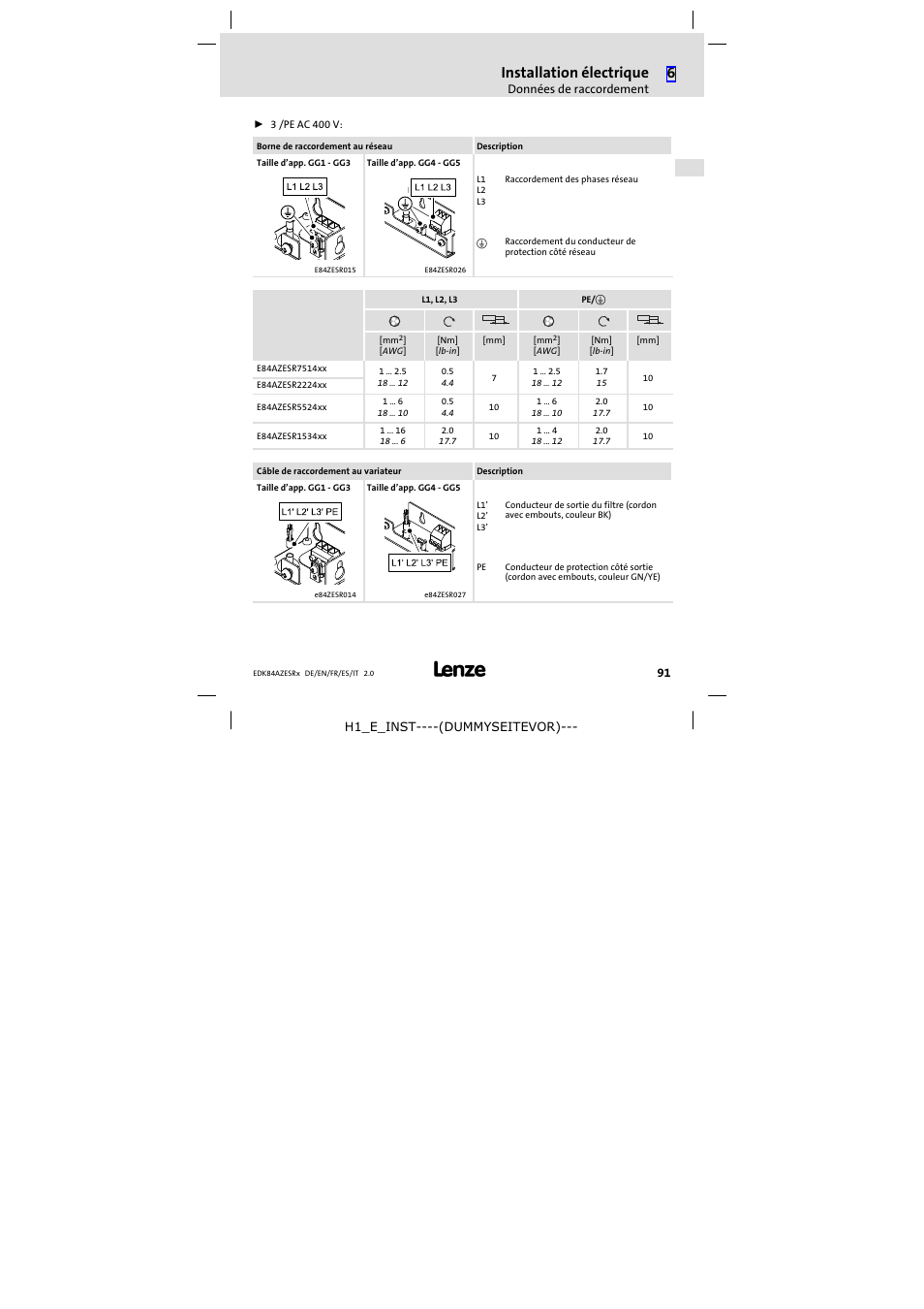 Installation électrique | Lenze E84AZESR RFI filter 3-29A User Manual | Page 91 / 154