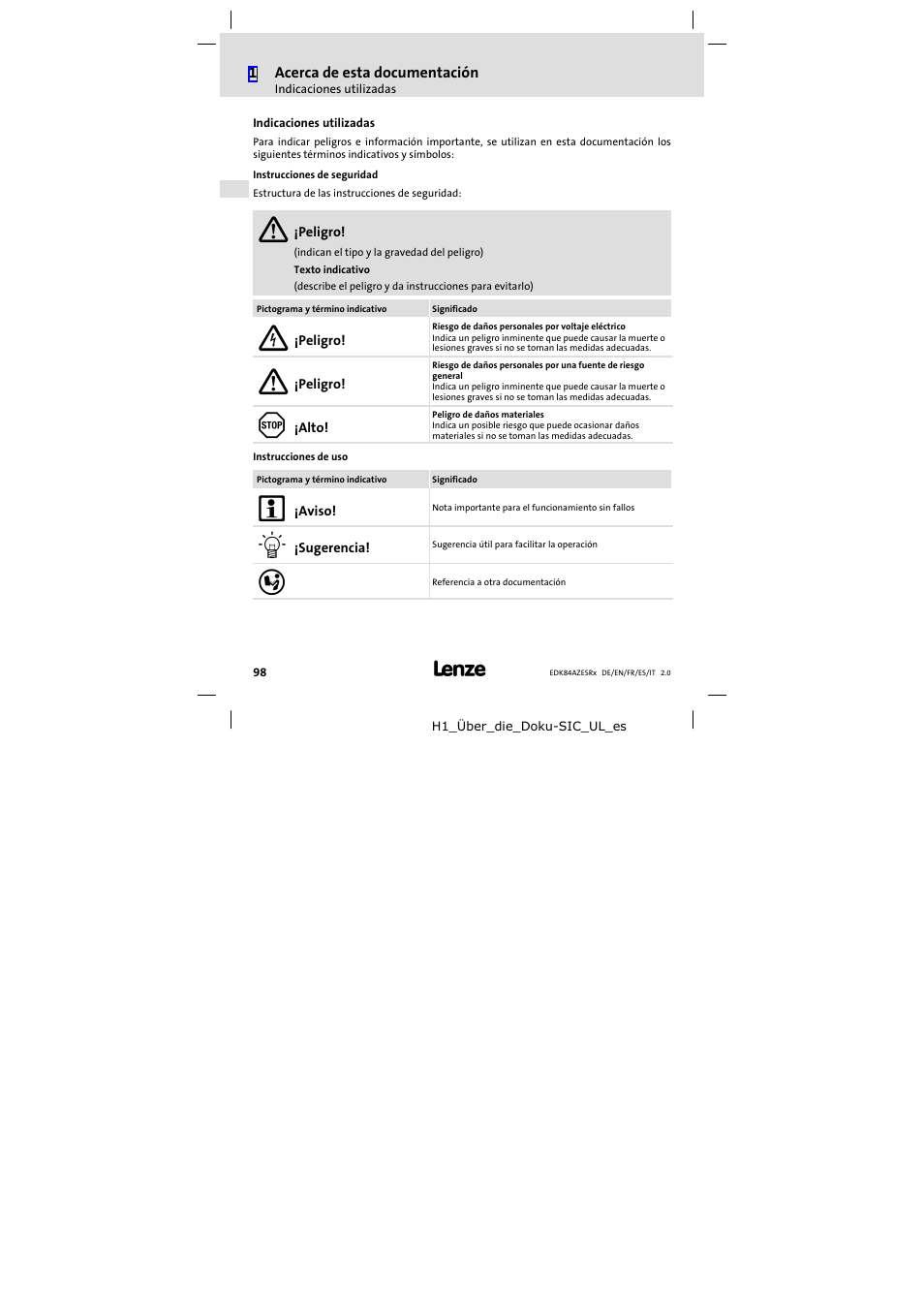 Indicaciones utilizadas | Lenze E84AZESR RFI filter 3-29A User Manual | Page 98 / 154