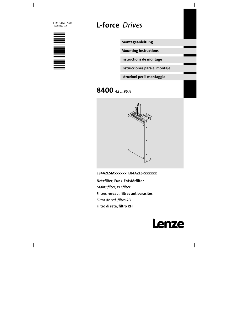 Lenze E84AZESR Mains filter-RFI filter 42-96A User Manual | 120 pages