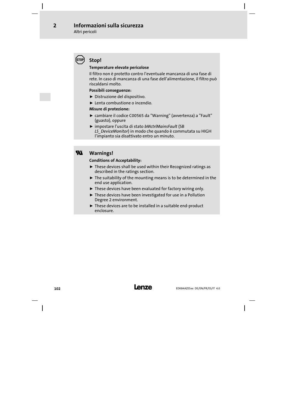 Informazioni sulla sicurezza | Lenze E84AZESR Mains filter-RFI filter 42-96A User Manual | Page 102 / 120