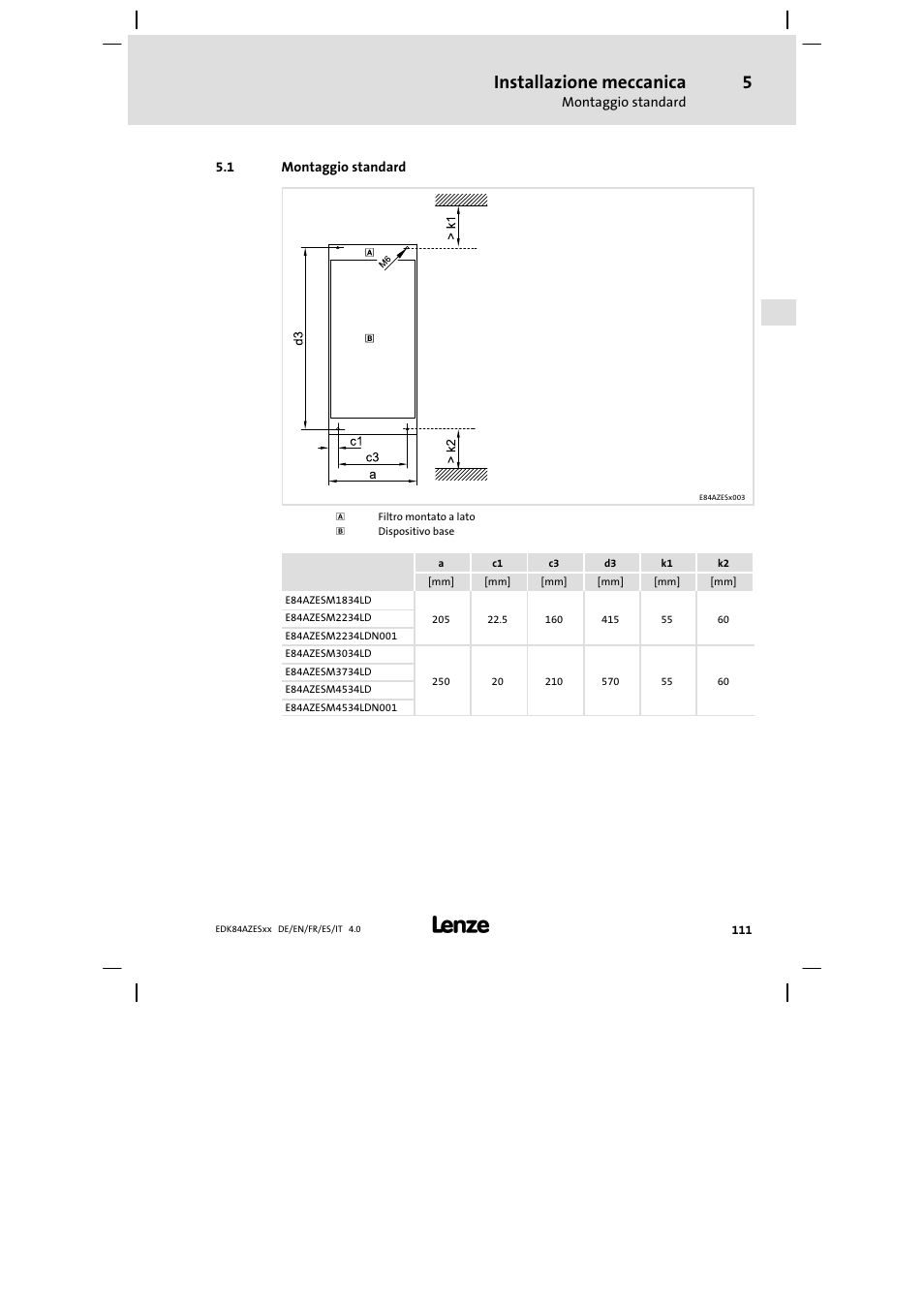 Montaggio standard, Installazione meccanica | Lenze E84AZESR Mains filter-RFI filter 42-96A User Manual | Page 111 / 120