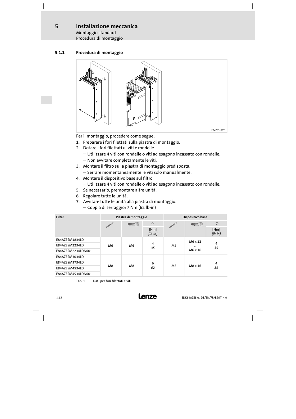 Procedura di montaggio, Installazione meccanica | Lenze E84AZESR Mains filter-RFI filter 42-96A User Manual | Page 112 / 120