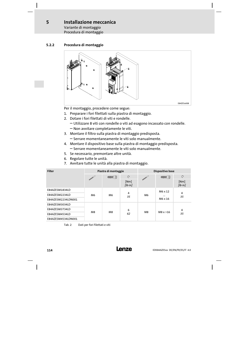 Procedura di montaggio, Installazione meccanica | Lenze E84AZESR Mains filter-RFI filter 42-96A User Manual | Page 114 / 120