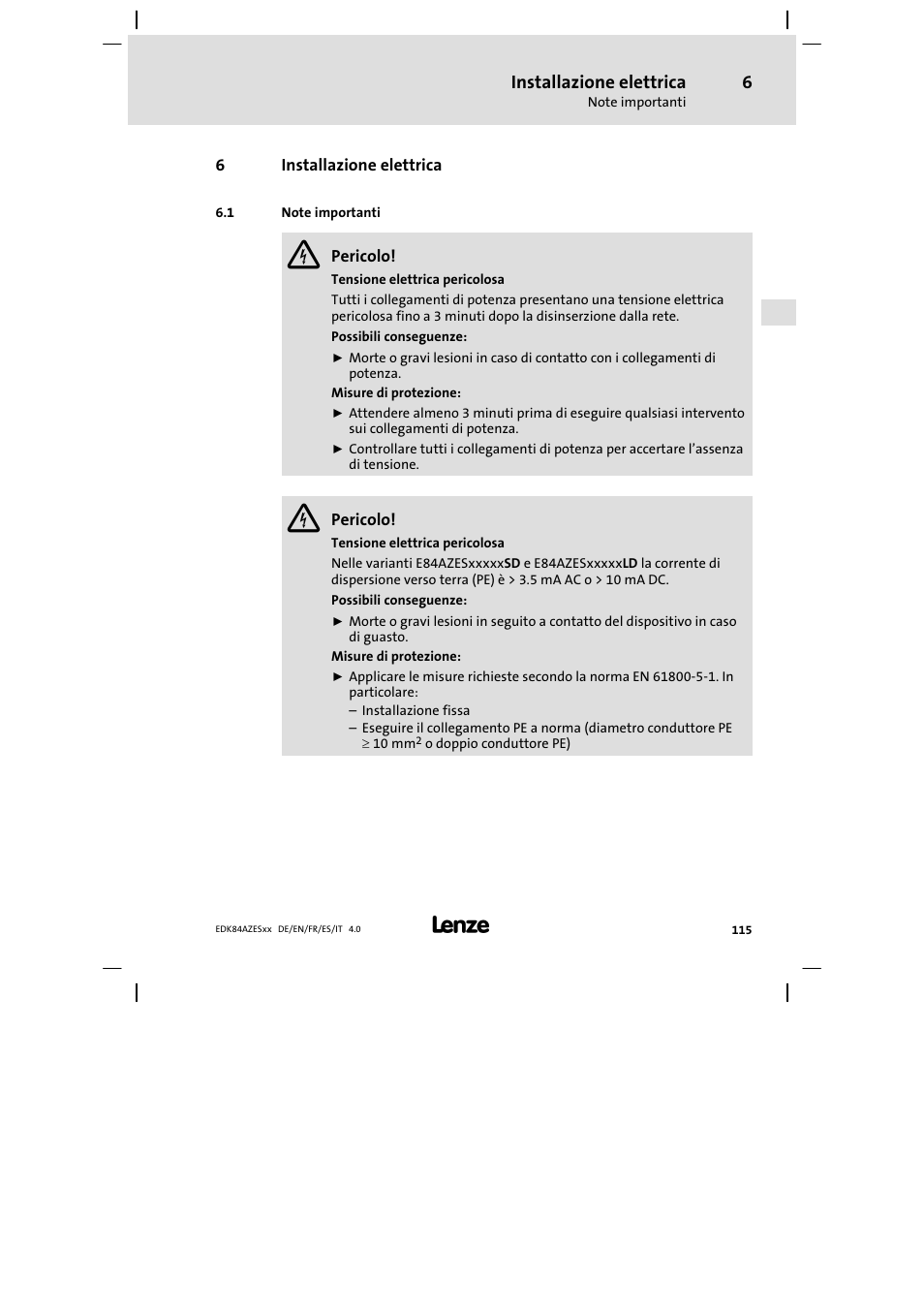 Installazione elettrica, Note importanti | Lenze E84AZESR Mains filter-RFI filter 42-96A User Manual | Page 115 / 120