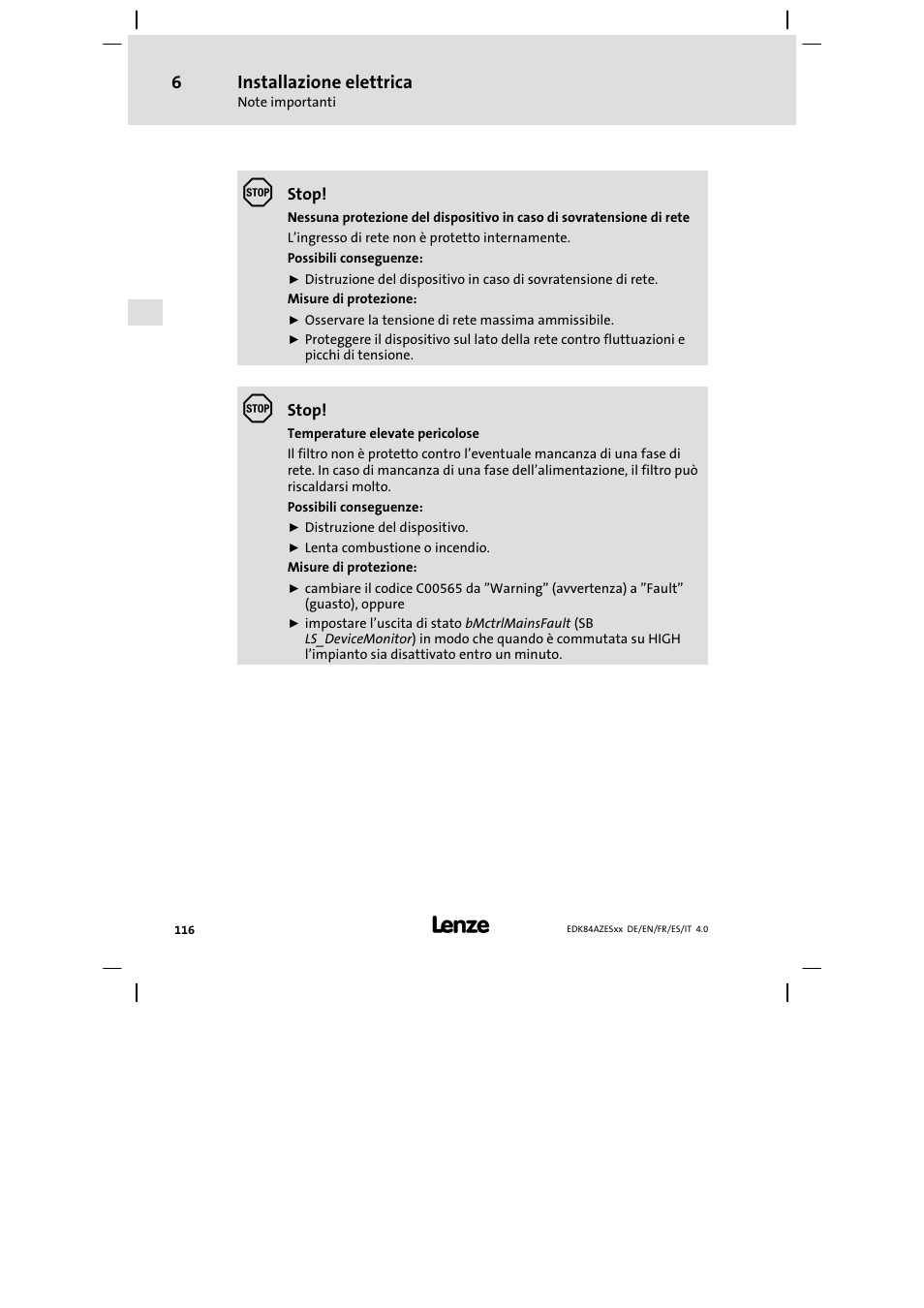 Installazione elettrica | Lenze E84AZESR Mains filter-RFI filter 42-96A User Manual | Page 116 / 120