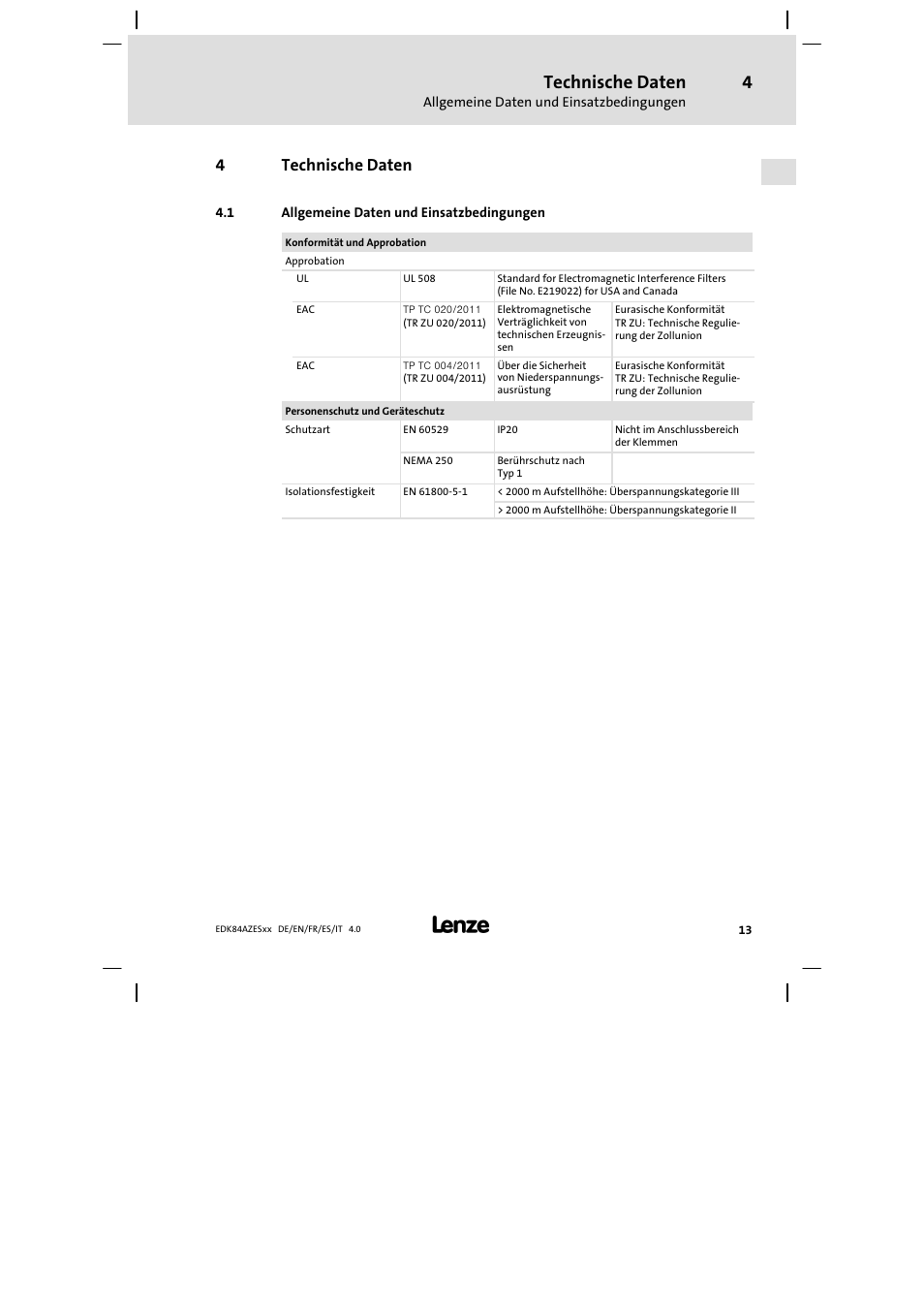 Technische daten, Allgemeine daten und einsatzbedingungen, 4technische daten | Lenze E84AZESR Mains filter-RFI filter 42-96A User Manual | Page 13 / 120