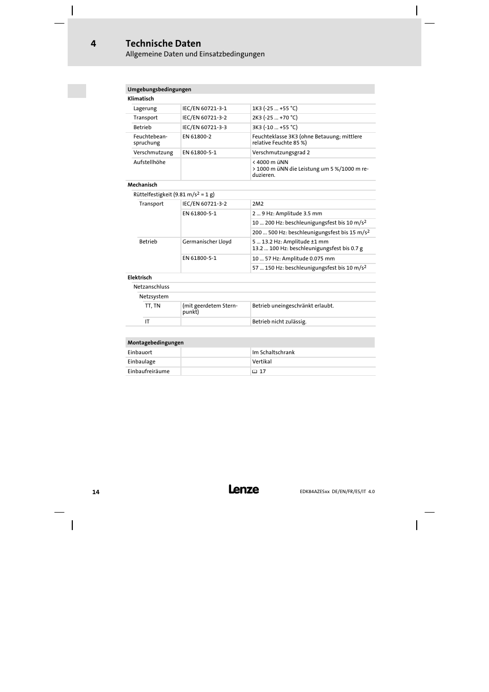 Technische daten | Lenze E84AZESR Mains filter-RFI filter 42-96A User Manual | Page 14 / 120