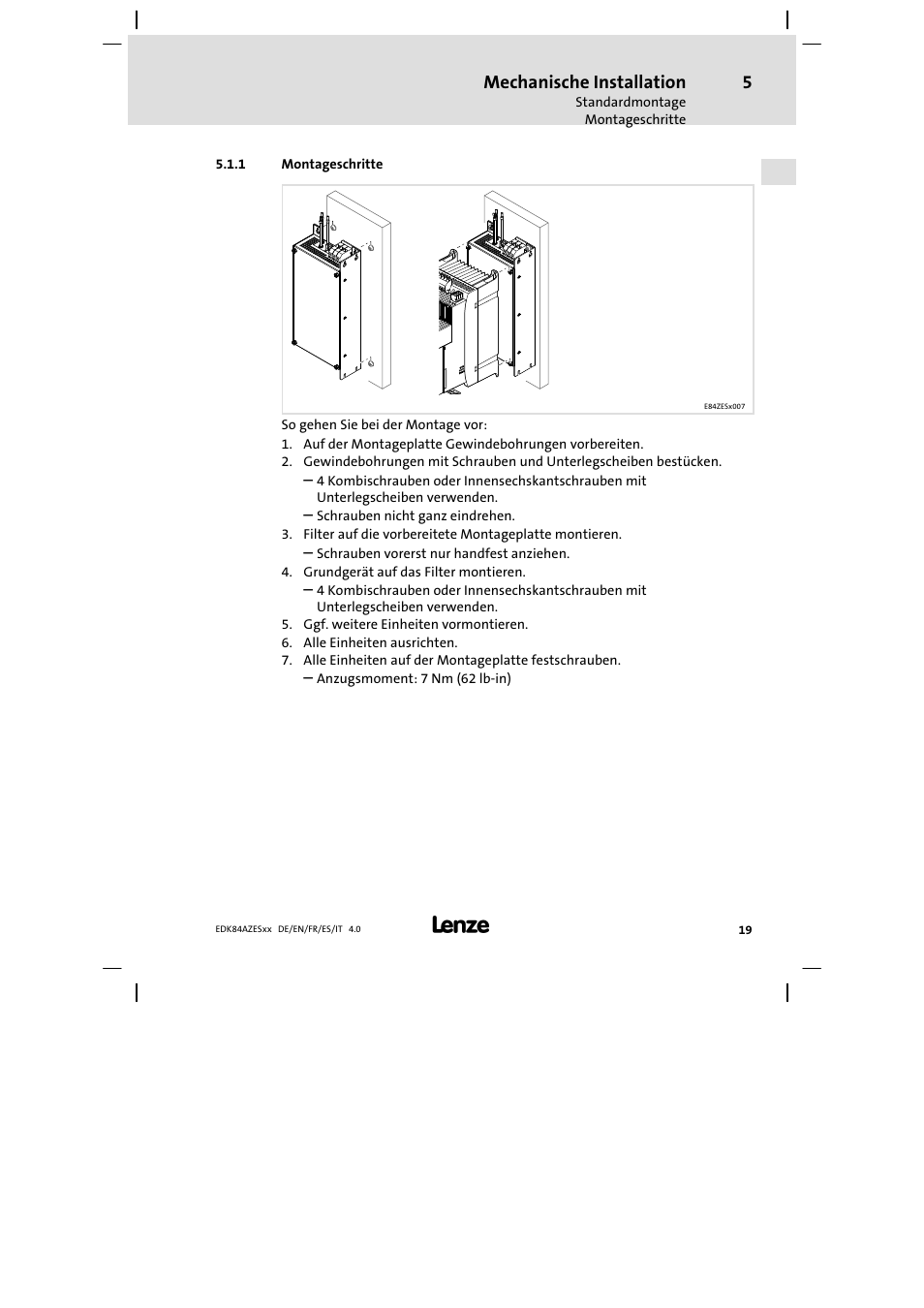 Montageschritte, Mechanische installation | Lenze E84AZESR Mains filter-RFI filter 42-96A User Manual | Page 19 / 120