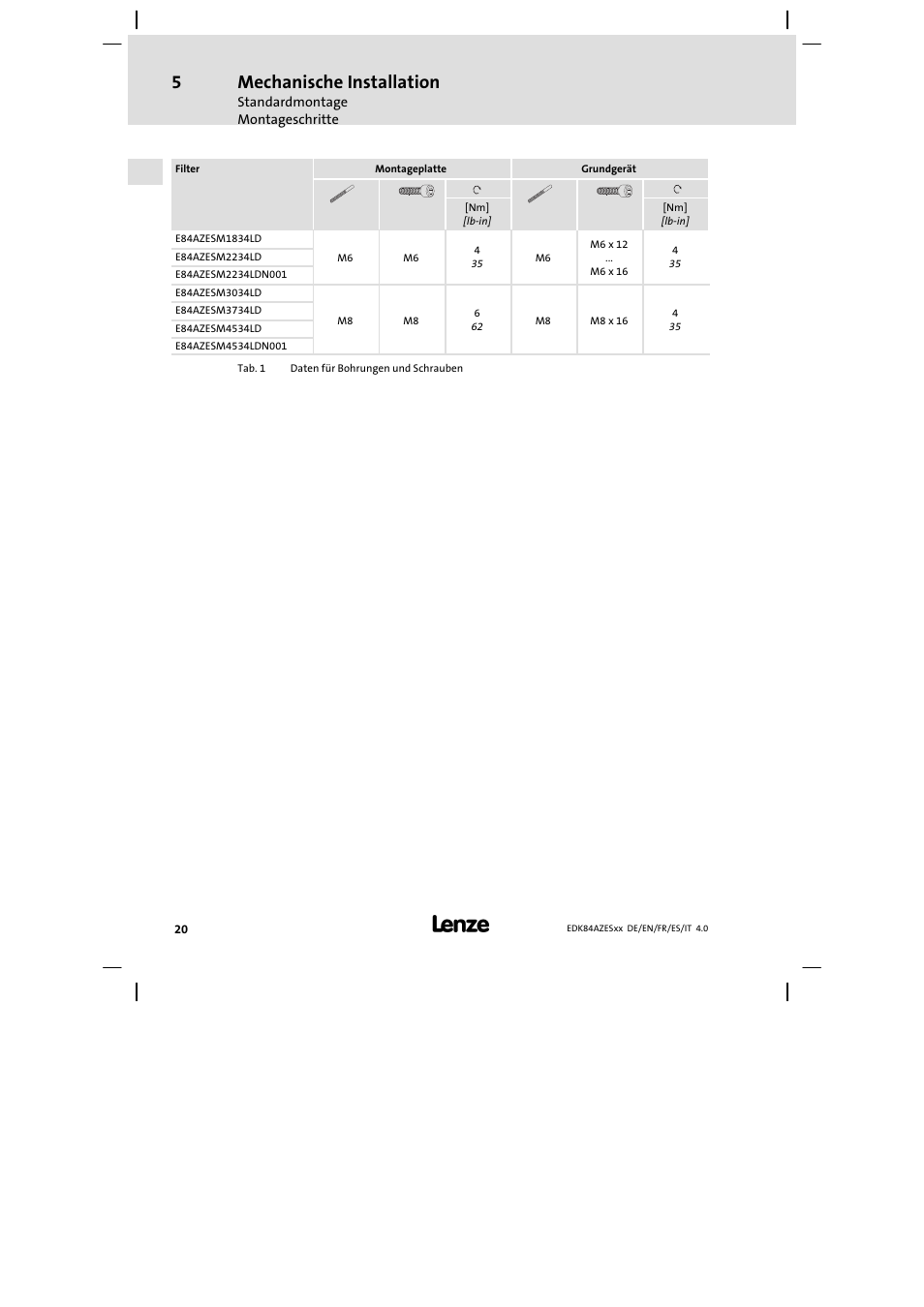 Mechanische installation | Lenze E84AZESR Mains filter-RFI filter 42-96A User Manual | Page 20 / 120