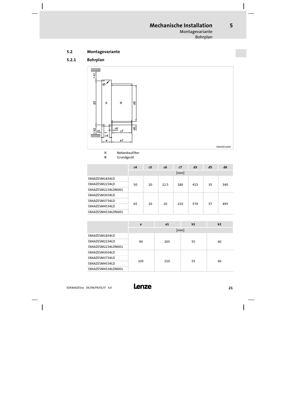 Montagevariante, Bohrplan, Mechanische installation | Lenze E84AZESR Mains filter-RFI filter 42-96A User Manual | Page 21 / 120