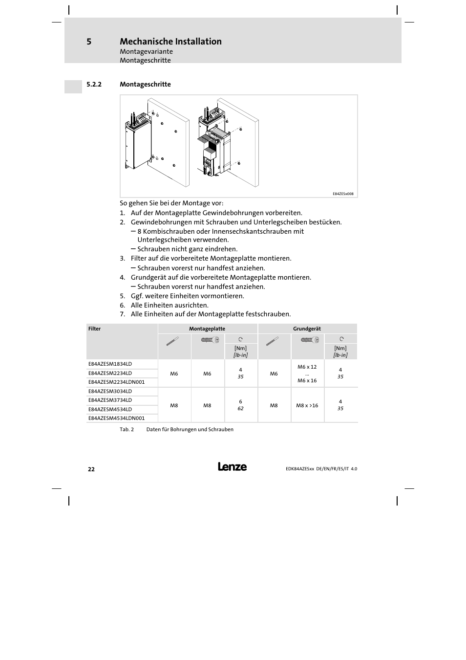 Montageschritte, Mechanische installation | Lenze E84AZESR Mains filter-RFI filter 42-96A User Manual | Page 22 / 120