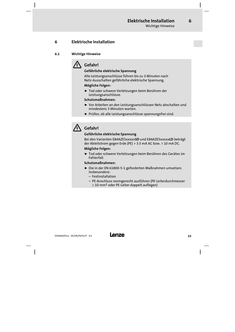 Elektrische installation, Wichtige hinweise | Lenze E84AZESR Mains filter-RFI filter 42-96A User Manual | Page 23 / 120