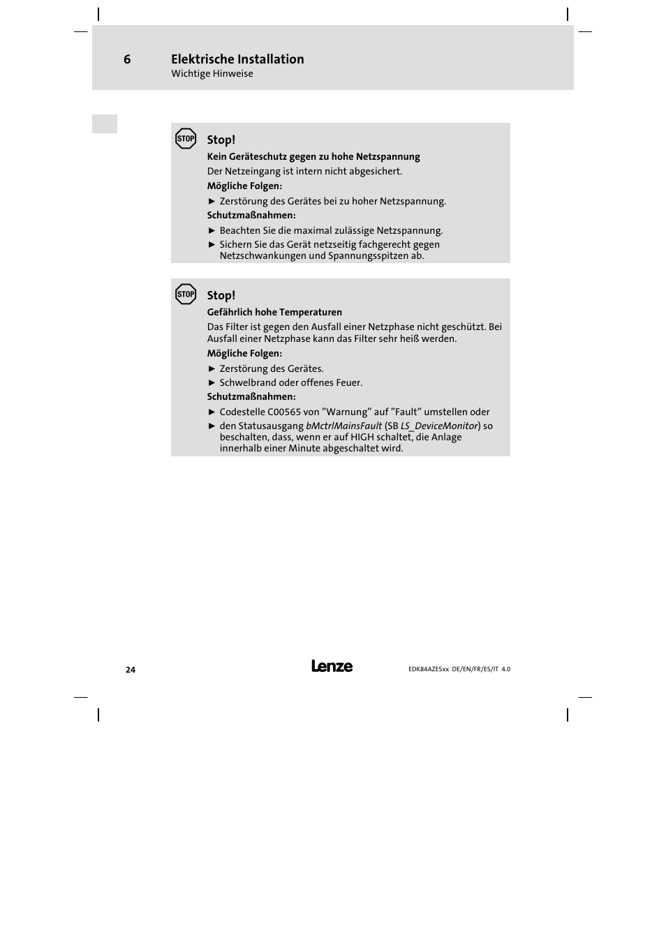 Elektrische installation | Lenze E84AZESR Mains filter-RFI filter 42-96A User Manual | Page 24 / 120
