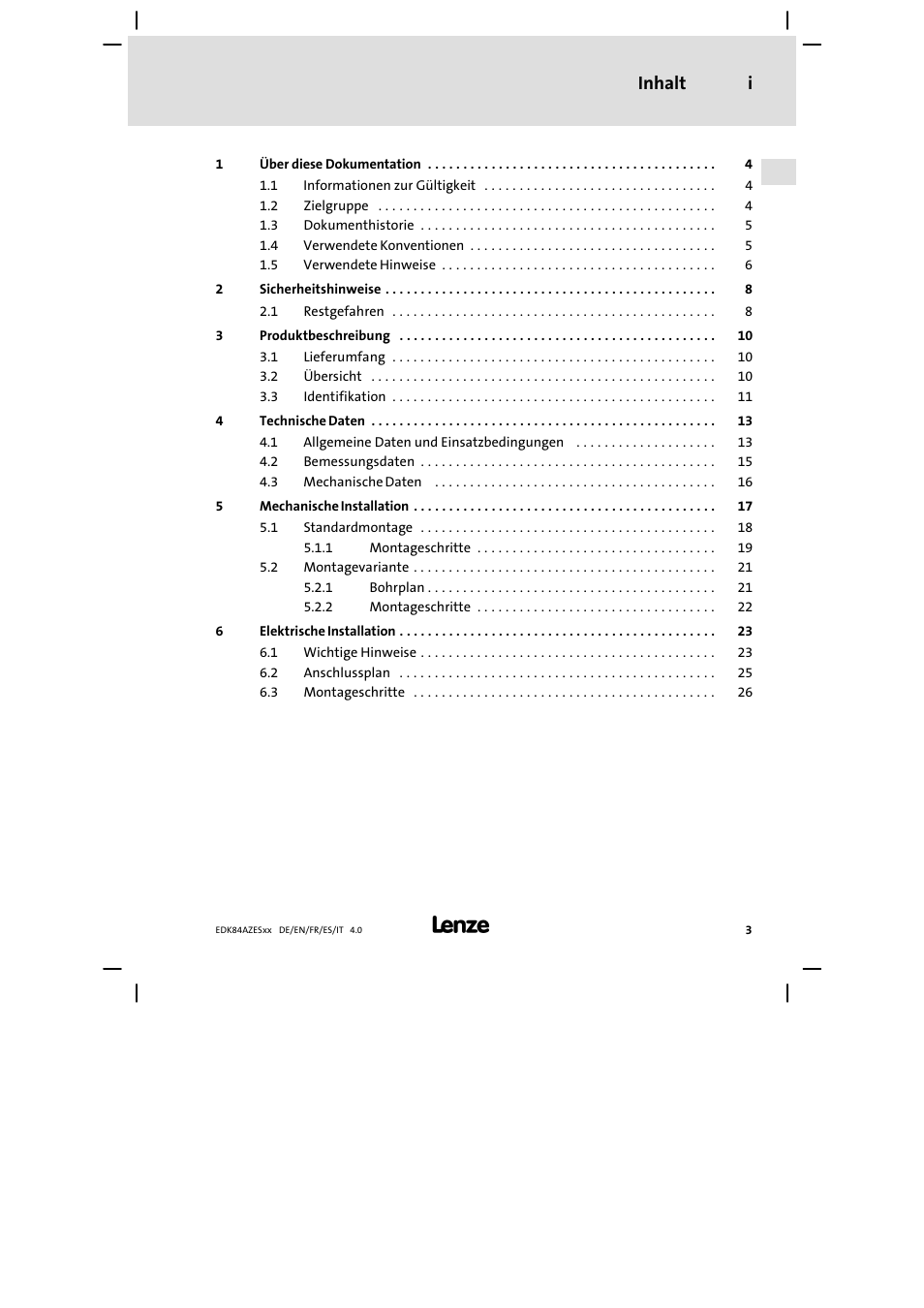 Inhalt, Inhalt i | Lenze E84AZESR Mains filter-RFI filter 42-96A User Manual | Page 3 / 120