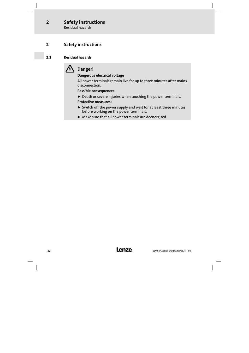 Safety instructions, Residual hazards | Lenze E84AZESR Mains filter-RFI filter 42-96A User Manual | Page 32 / 120