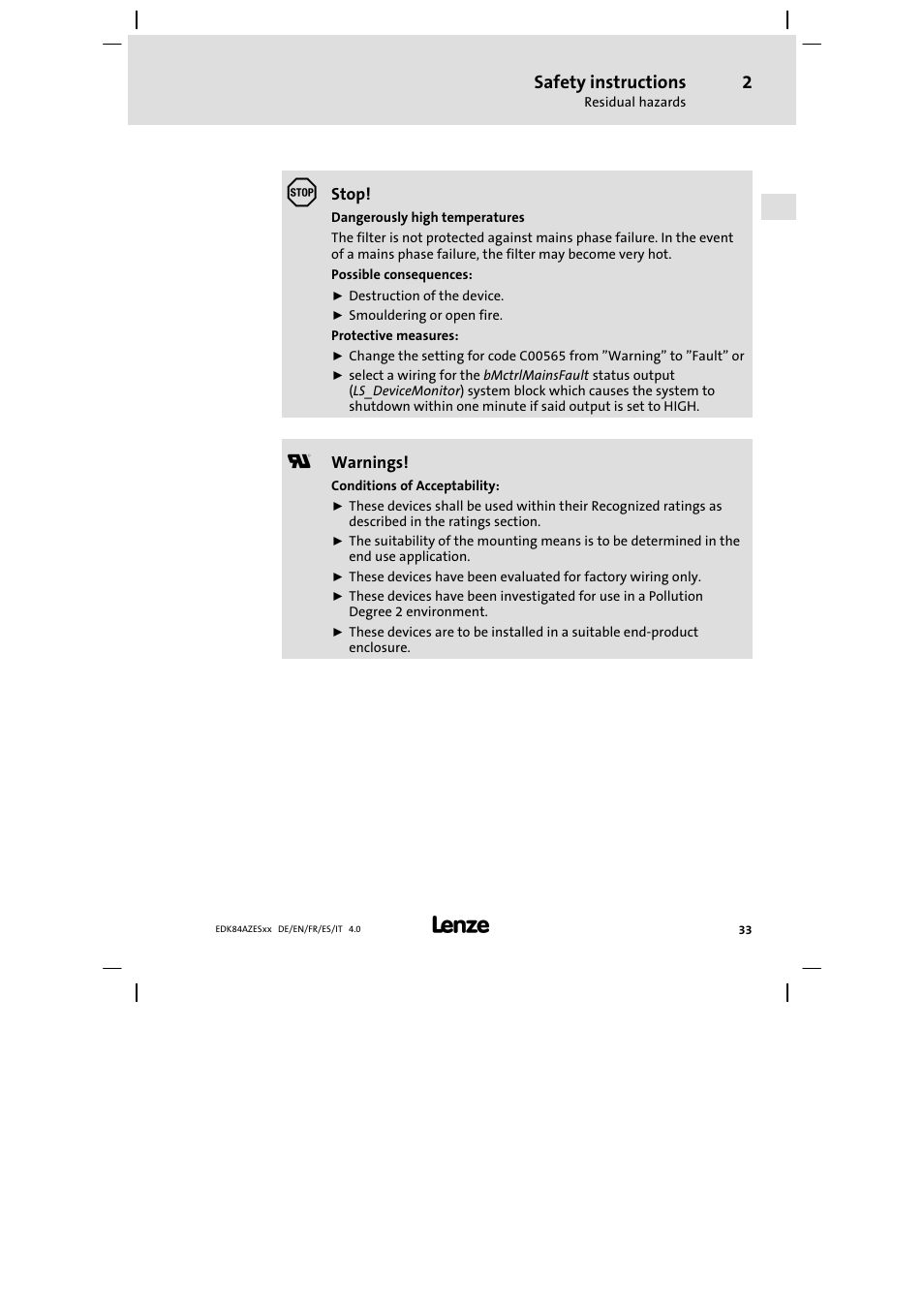 Safety instructions | Lenze E84AZESR Mains filter-RFI filter 42-96A User Manual | Page 33 / 120