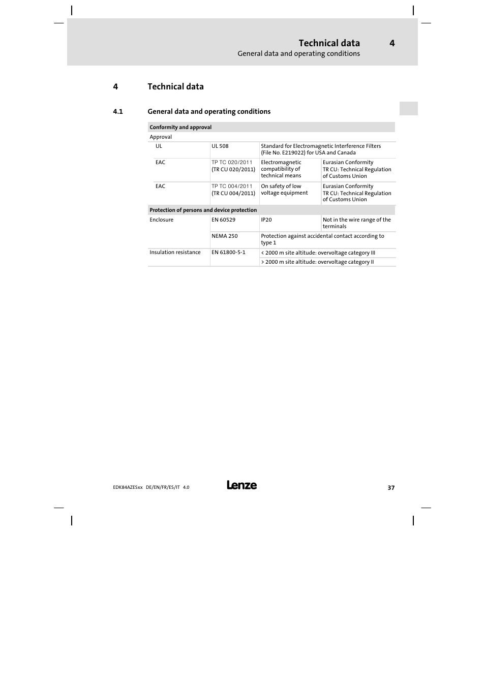 Technical data, General data and operating conditions, 4technical data | Lenze E84AZESR Mains filter-RFI filter 42-96A User Manual | Page 37 / 120