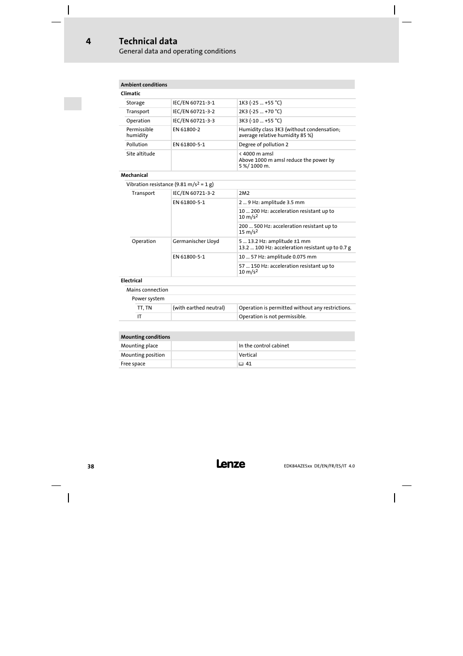 Technical data | Lenze E84AZESR Mains filter-RFI filter 42-96A User Manual | Page 38 / 120