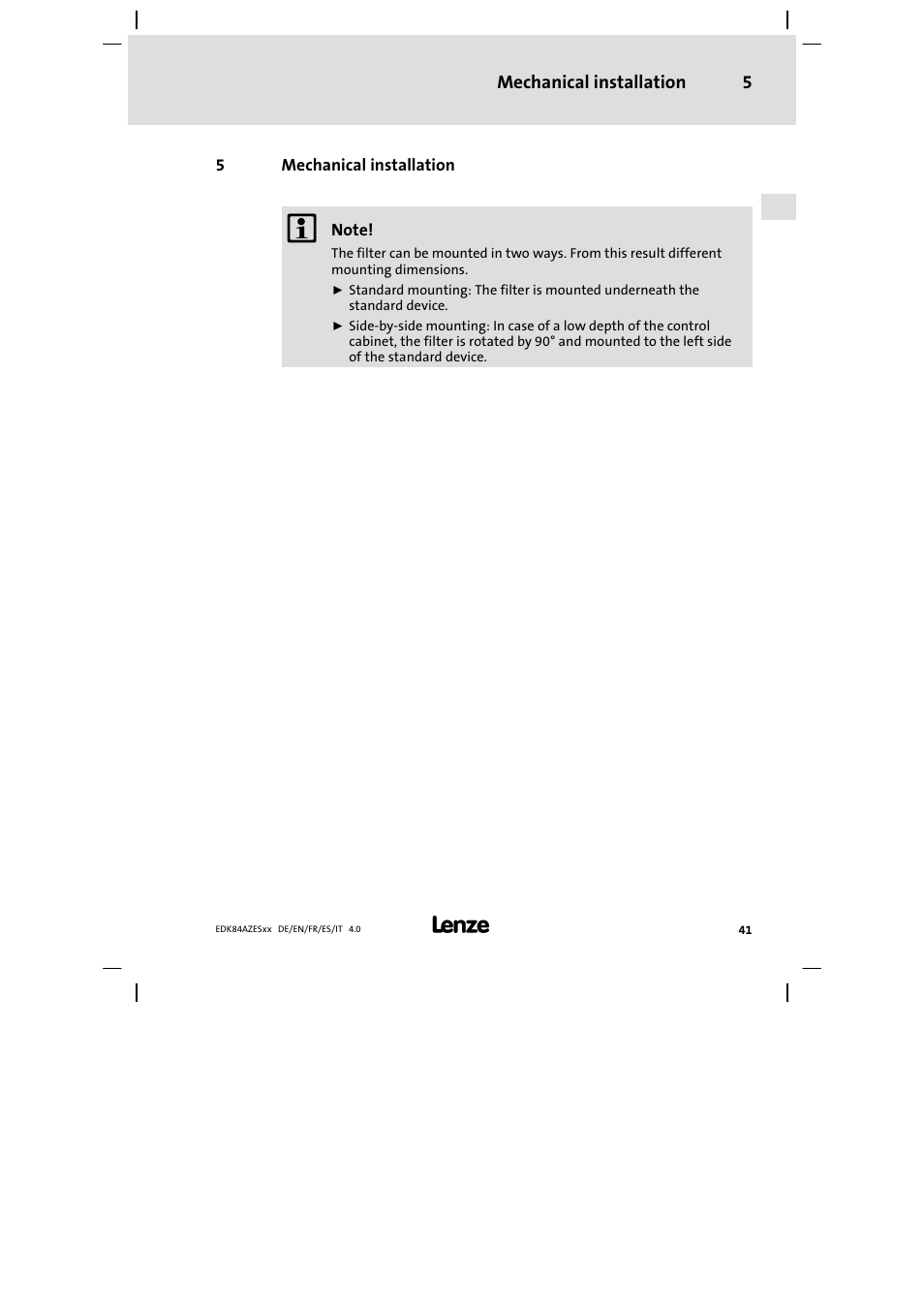 Mechanical installation | Lenze E84AZESR Mains filter-RFI filter 42-96A User Manual | Page 41 / 120