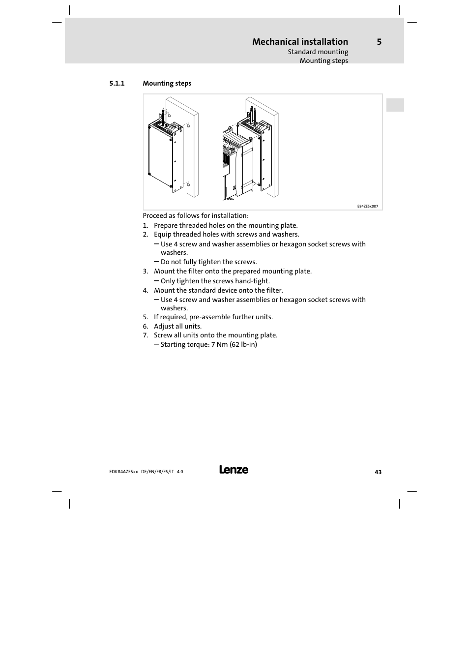 Mounting steps, Mechanical installation | Lenze E84AZESR Mains filter-RFI filter 42-96A User Manual | Page 43 / 120