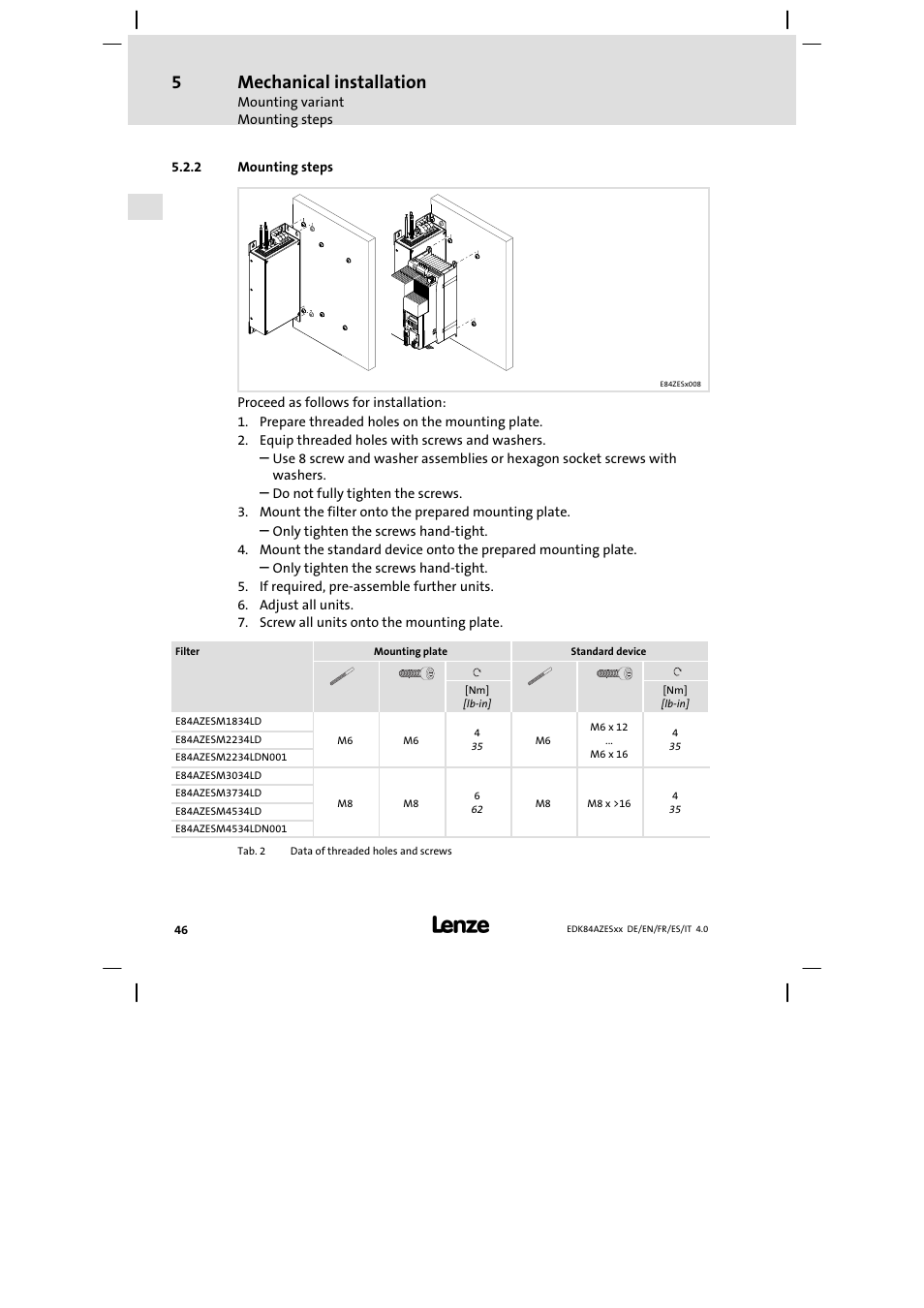 Mounting steps, Mechanical installation | Lenze E84AZESR Mains filter-RFI filter 42-96A User Manual | Page 46 / 120