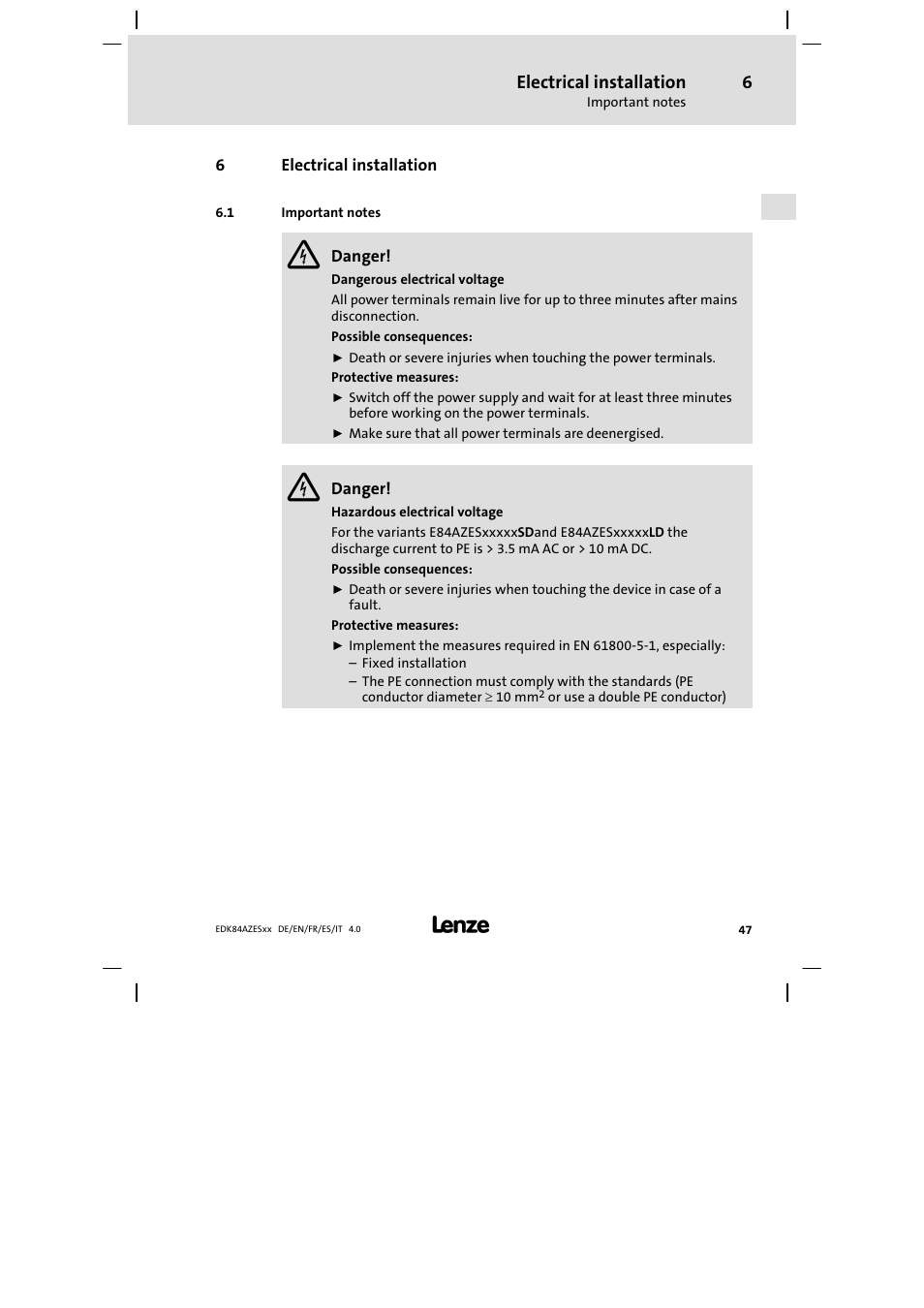 Electrical installation, Important notes | Lenze E84AZESR Mains filter-RFI filter 42-96A User Manual | Page 47 / 120