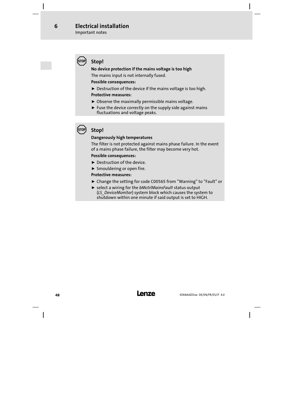 Electrical installation | Lenze E84AZESR Mains filter-RFI filter 42-96A User Manual | Page 48 / 120