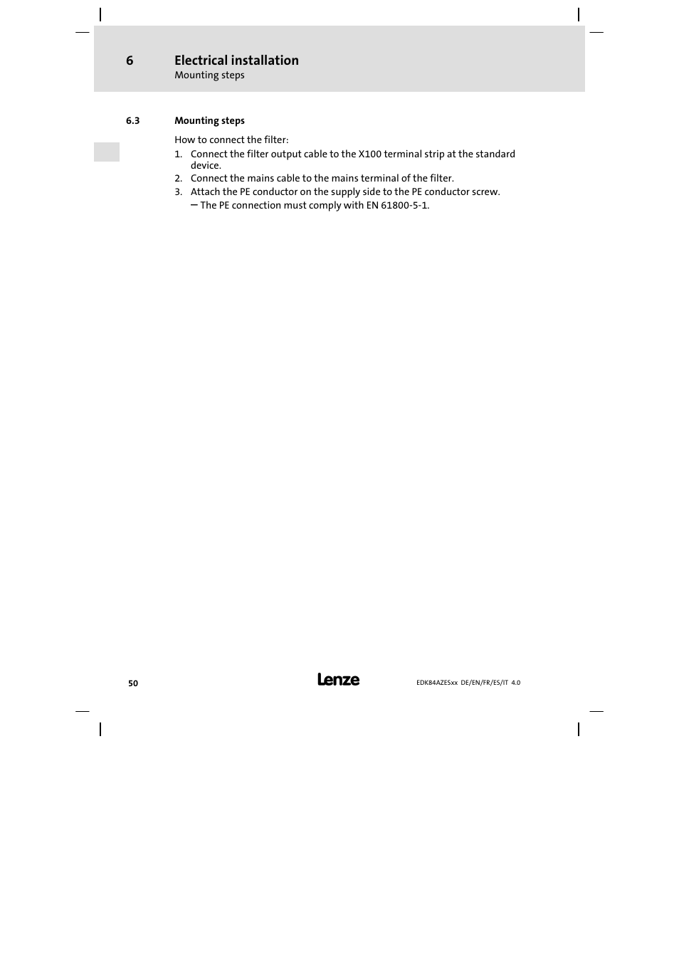 Mounting steps, Electrical installation | Lenze E84AZESR Mains filter-RFI filter 42-96A User Manual | Page 50 / 120