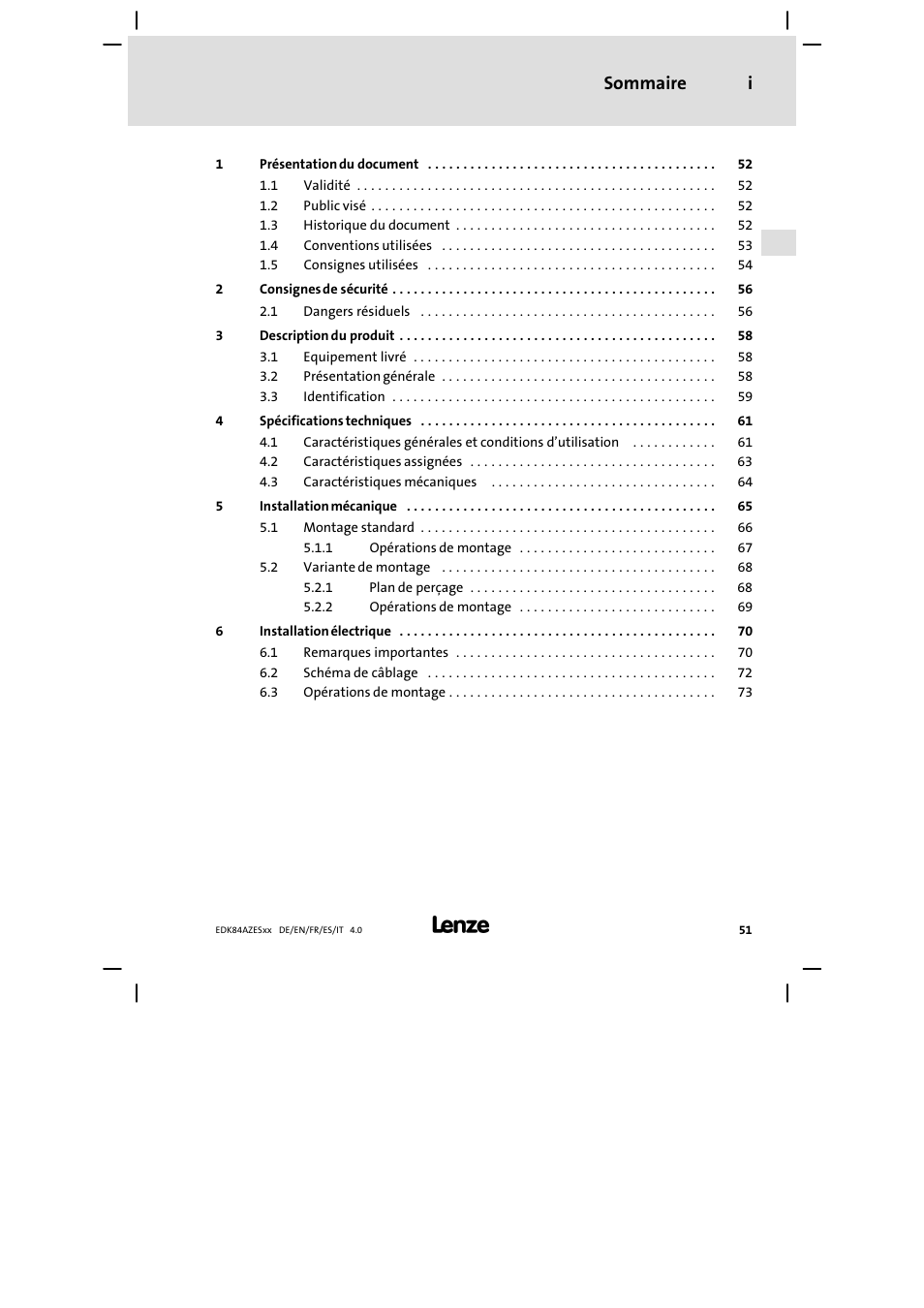Sommaire, Sommaire i | Lenze E84AZESR Mains filter-RFI filter 42-96A User Manual | Page 51 / 120