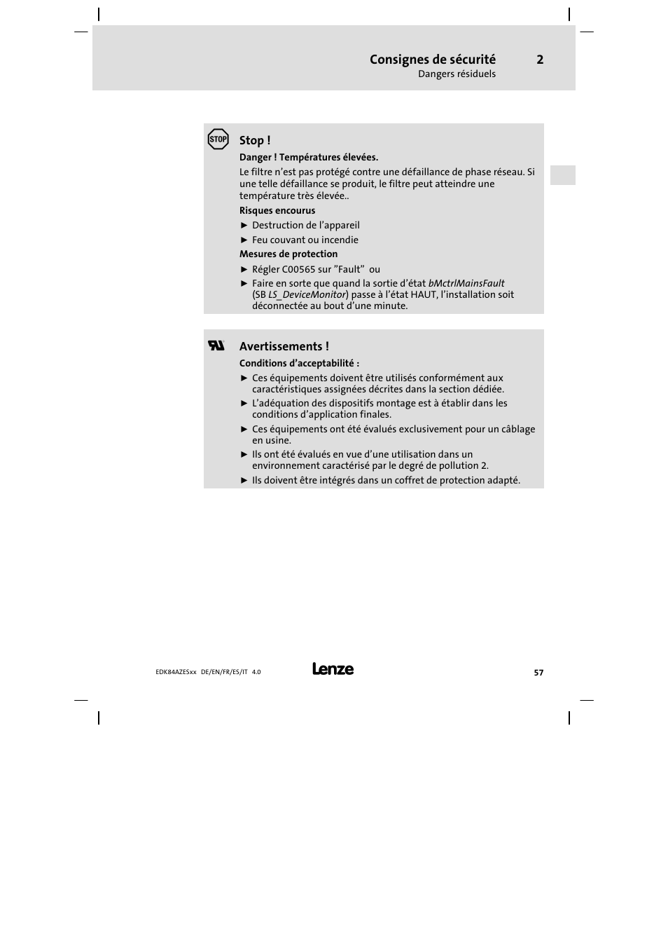 Consignes de sécurité | Lenze E84AZESR Mains filter-RFI filter 42-96A User Manual | Page 57 / 120