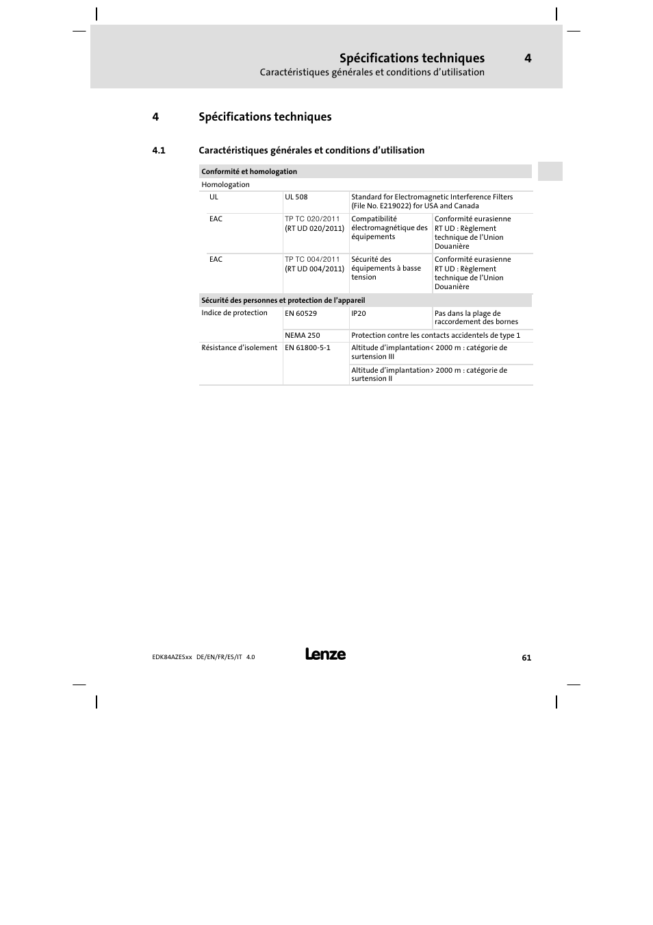 Spécifications techniques, 4spécifications techniques | Lenze E84AZESR Mains filter-RFI filter 42-96A User Manual | Page 61 / 120