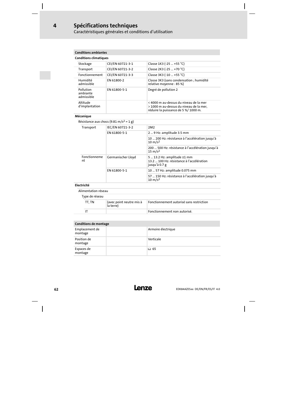 Spécifications techniques | Lenze E84AZESR Mains filter-RFI filter 42-96A User Manual | Page 62 / 120
