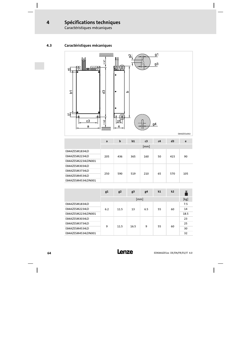 Caractéristiques mécaniques, Spécifications techniques | Lenze E84AZESR Mains filter-RFI filter 42-96A User Manual | Page 64 / 120