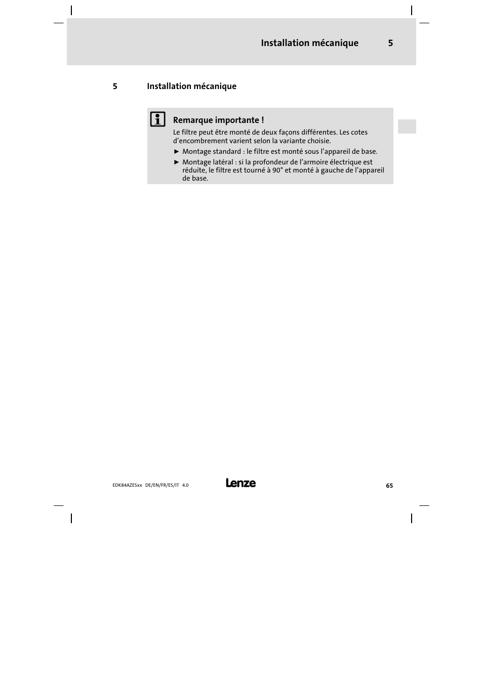 Installation mécanique | Lenze E84AZESR Mains filter-RFI filter 42-96A User Manual | Page 65 / 120