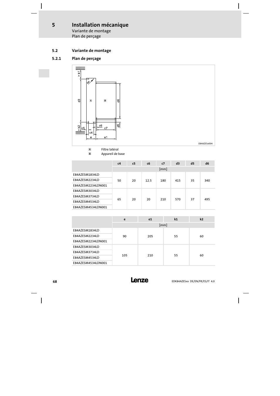 Variante de montage, Plan de perçage, Installation mécanique | Lenze E84AZESR Mains filter-RFI filter 42-96A User Manual | Page 68 / 120